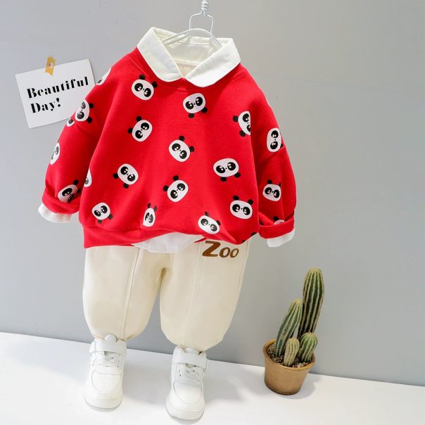 Komplet chłopięcy panda – bluza czerwona i spodnie kaki | Leanka