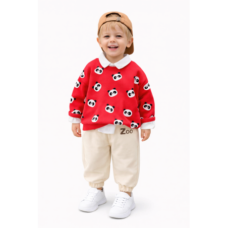 Komplet chłopięcy panda – bluza czerwona i spodnie kaki | Leanka