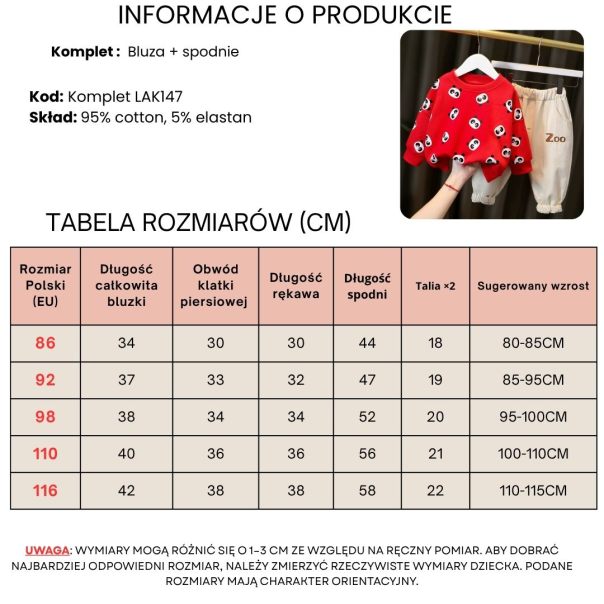 Komplet chłopięcy panda – bluza czerwona i spodnie kaki | Leanka