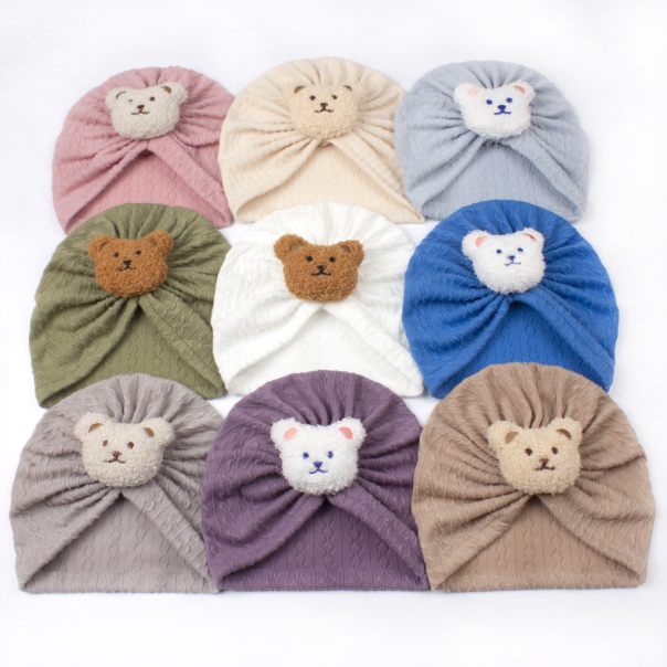 Czapka turban niemowlęca z misiem – bawełniana czapeczka dla dziecka | Leanka