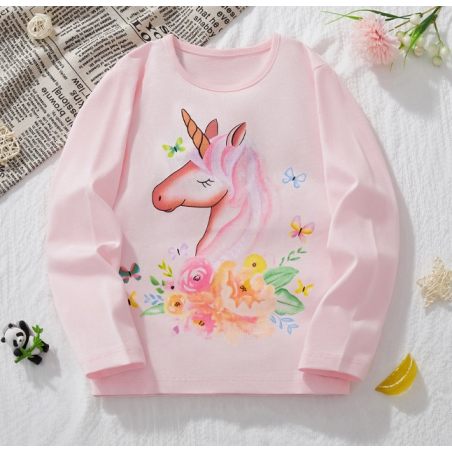 Bluzka dziewczęca z jednorożcem w kwiaty – różowa bawełniana