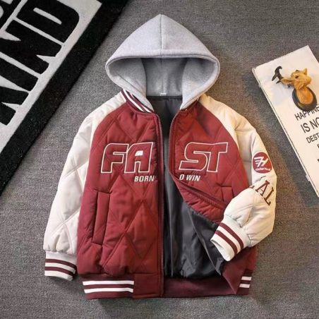 Kurtka dziecięca pikowana z kapturem FAST BORN – bordowa i granatowa | LeAnKa