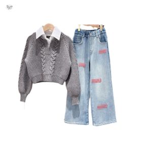 Komplet dziewczęcy sweter z kołnierzykiem i jeansy szerokie – stylowy zestaw dla dziewczynki | Leanka 2