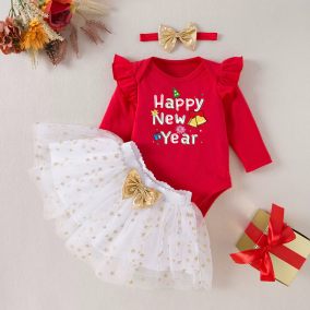 Noworoczny zestaw dla niemowląt „Happy New Year” – body, spódniczka i opaska | LeAnKa