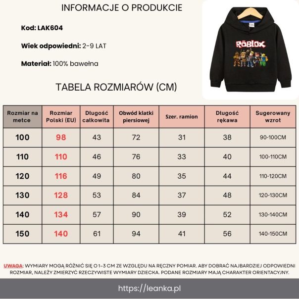 Bluza Roblox dla chłopcy 5-9 lat – modna bluza dziecięca z kapturem