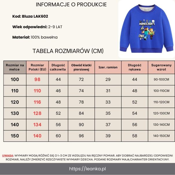 Bluza dla chłopca Minecraft 4–8 lat | Bawełniana bluza dziecięca z nadrukiem