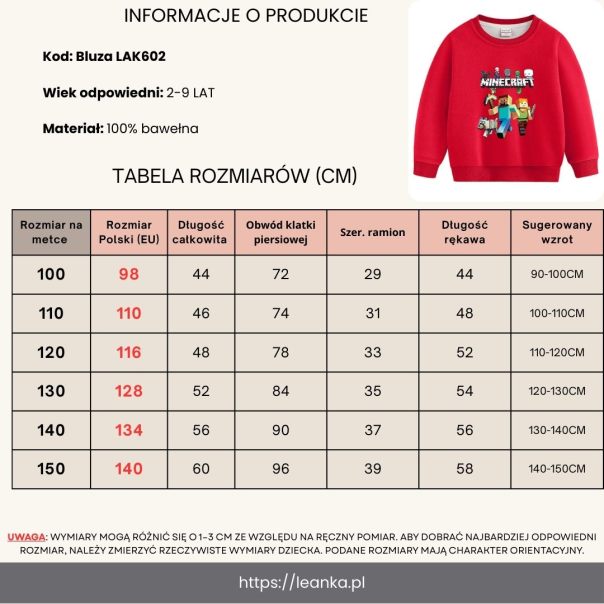 Bluza dla chłopca Minecraft 4–8 lat | Bawełniana bluza dziecięca z nadrukiem