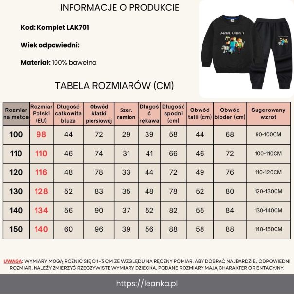 Komplet dla chłopca Minecraft – bluza i spodnie sportowe 5–9 lat | LeAnKa
