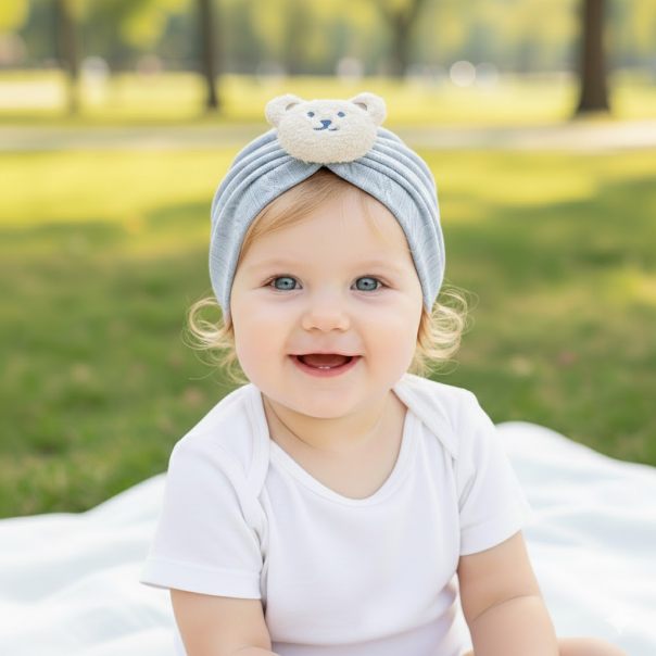 Czapka turban niemowlęca z misiem – bawełniana czapeczka dla dziecka | Leanka