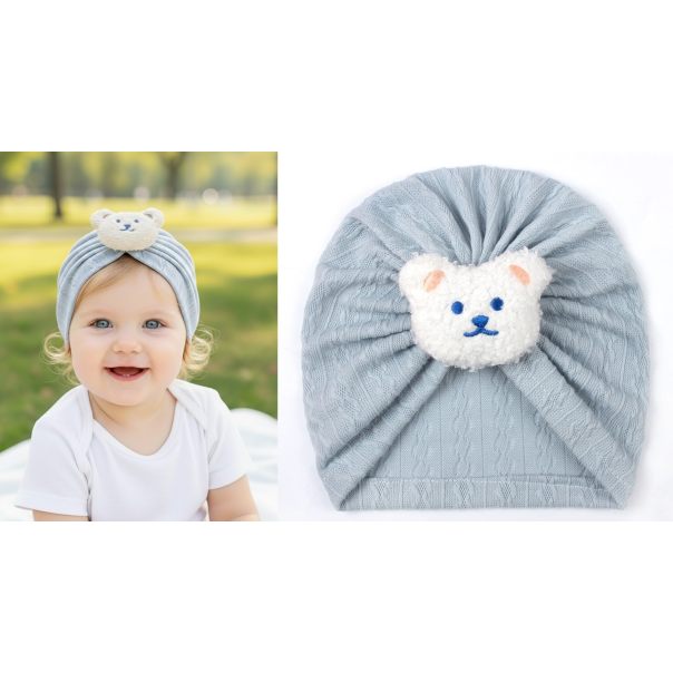 Czapka turban niemowlęca z misiem – bawełniana czapeczka dla dziecka | Leanka