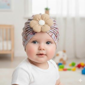 Turban dziecięcy w kwiaty z ozdobnym kwiatkiem – modna opaska dla dziewczynki