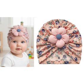Turban dziecięcy w kwiaty z ozdobnym kwiatkiem – modna opaska dla dziewczynki 2